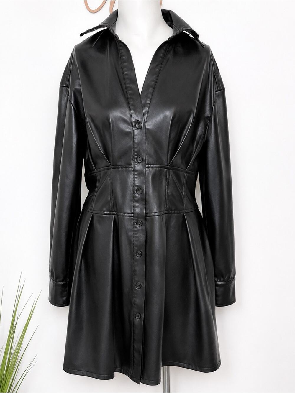 7th Ray Black Faux Leather Button Front Shirt Dress Jacket Medium
